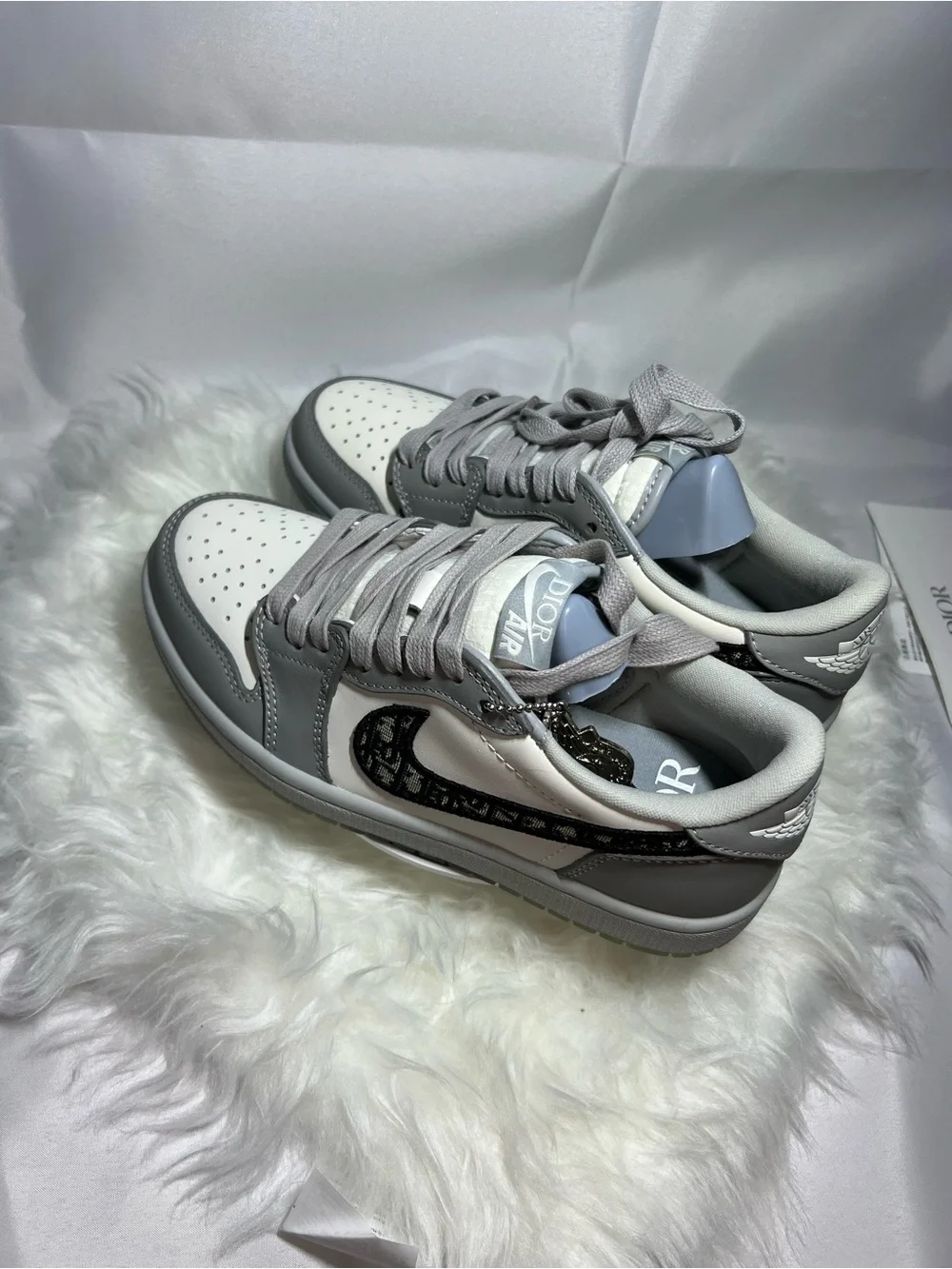 Jordan Low Top Sneaker — White & Light Gray with Black Monogram Swoosh